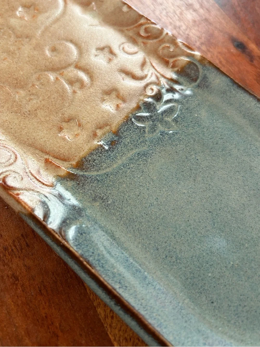 Handmade Embossed Pottery Small Tray Spoon Rest Brown Blue